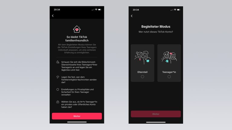 Screenshots der Einrichtung des begleiteten Modus bei TikTok.