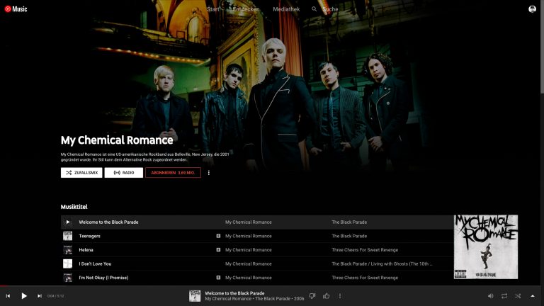 Künstler-Seite von My Chemical Romance bei YouTube Music.