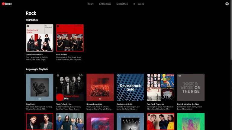 Screenshot der Genre-Übersicht für Rock bei YouTube Music.