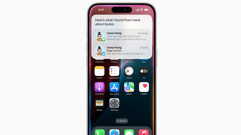 Frontansicht eines iPhones. Im oberen Drittel des Displays erscheinen Sirivorschläge über vergangene Gespräche über Buchempfehlungen.