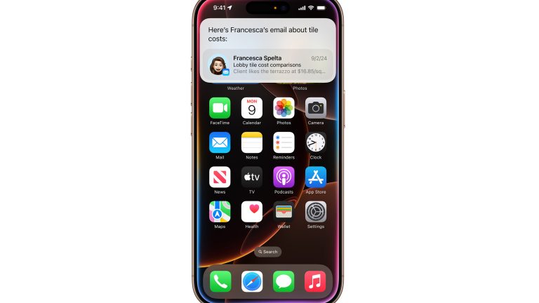 Das Display eines iPhone 16 Pro Max zeigt einen Siri-Vorschlag zu einer vergangenen Unterhaltung an.