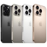 Alle vier Farbvarianten des iPhone 16 Pro Max nebeneinander vor weißem Hintergrund.