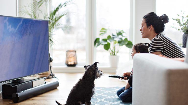 Eine Person sitzt zusammen mit Kind und Hund auf dem Boden im Wohnzimmer und zielt mit der Fernbedienung auf den Fernseher.