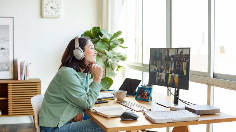 Eine Person sitzt an einem Schreibtisch. Auf dem Monitor vor ihr findet eine Videokonferenz statt.