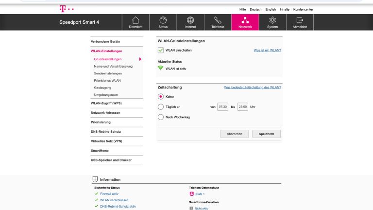 Screenshot der WLAN-Grundeinstellungen bei einem Speedport-Router.