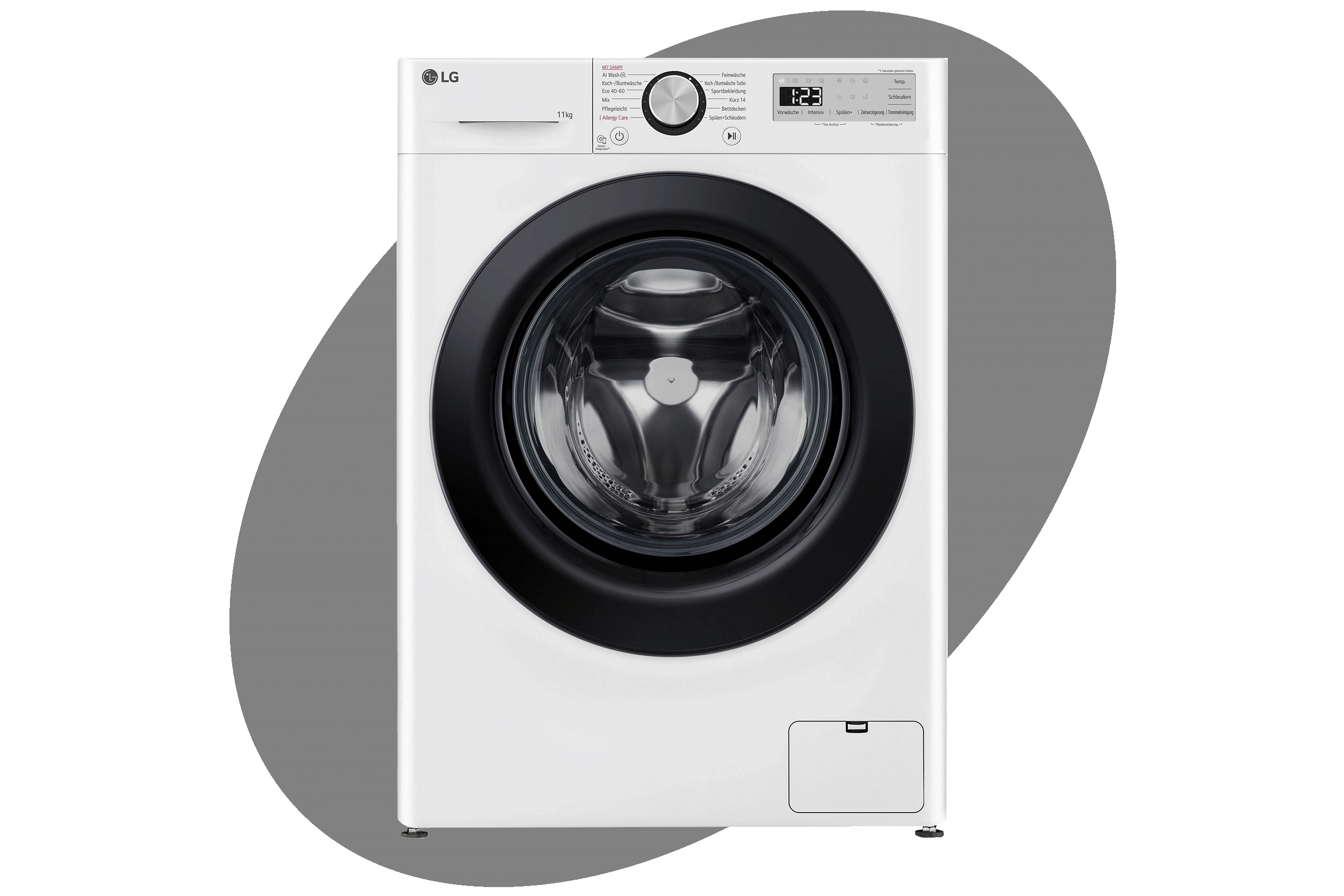 Eine LG-F4WR4911P Frontlader-Waschmaschine vor grauem Grund.