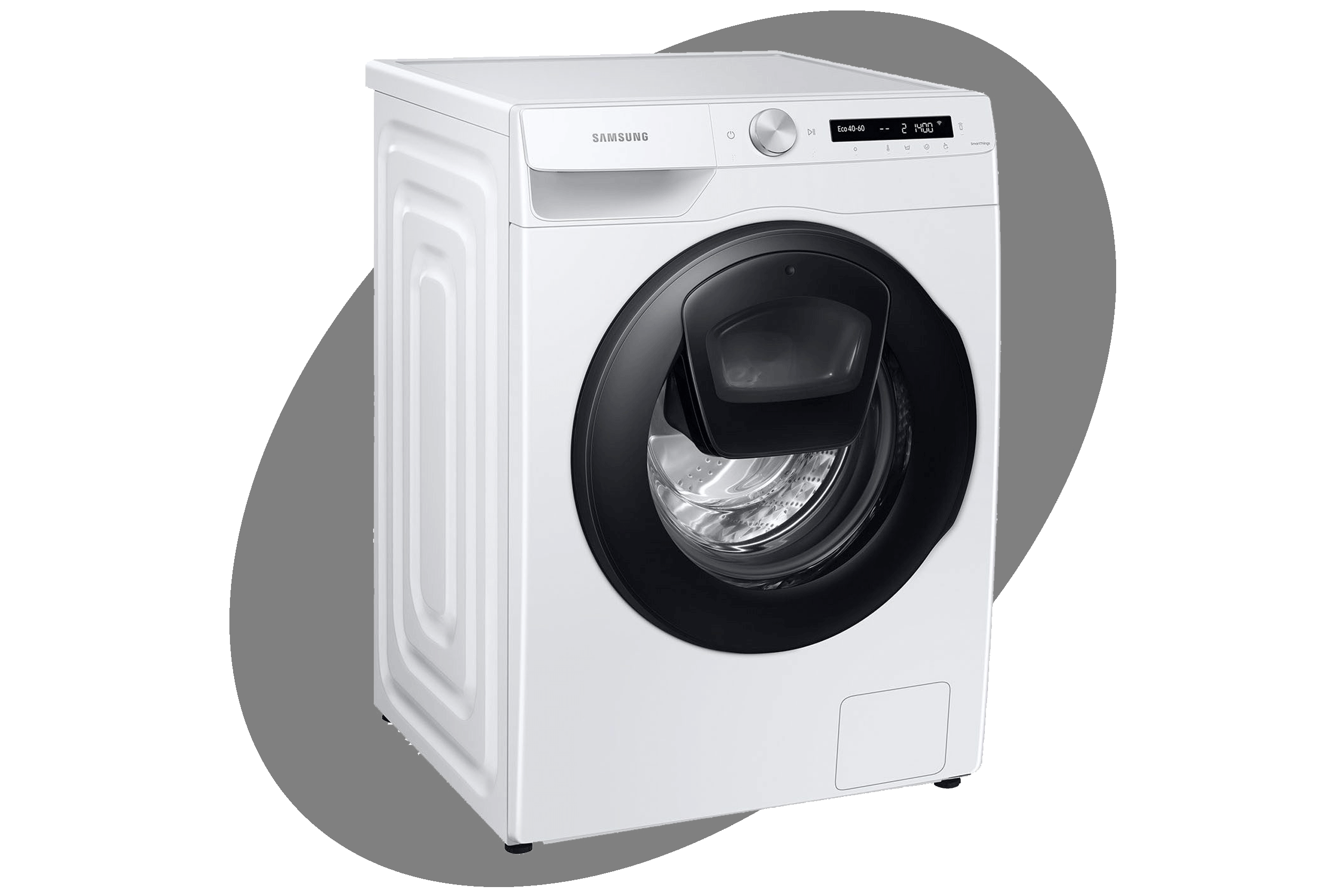 Eine Samsung-WW5500T Frontlader-Waschmaschine vor grauem Grund.